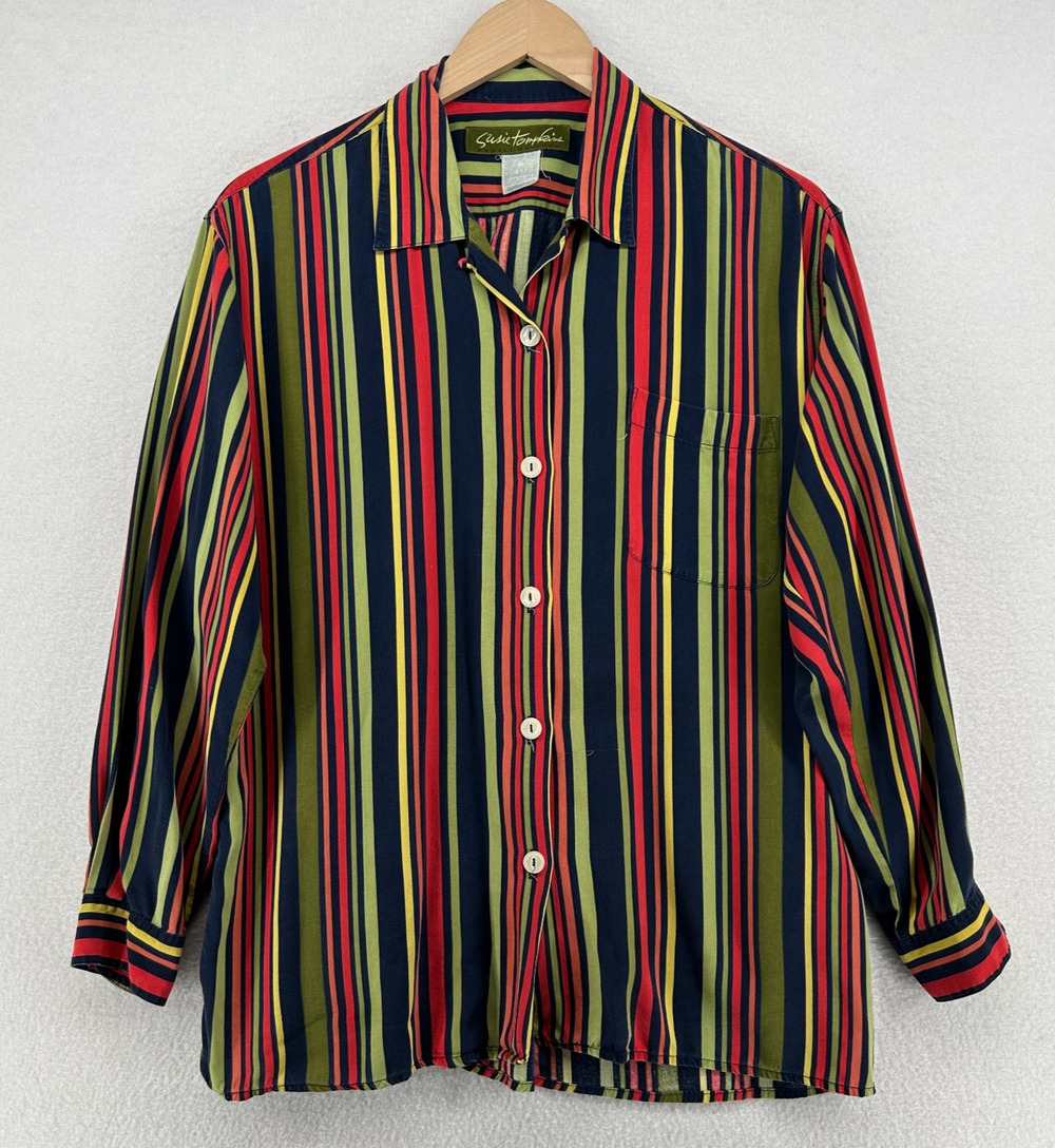 SUSIE TOMPKINS Top M ESPRIT 90s Rayon Striped Shirt Button Up Woven Red VTG HK